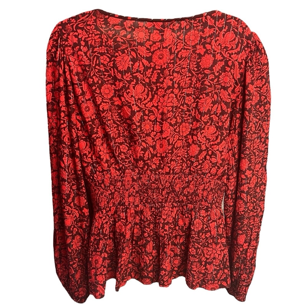 Knox Rose Top Large Red Floral Pullover VNeck Elastic Cuffs Peplum Boho Chic NEW - Picture 5 of 10
